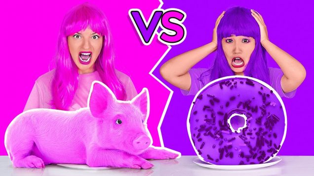 EATING ONLY ONE COLOR FOOD FOR 24 HOURS! Last To STOP Eating Pink VS Purple Food by 123 GO!CHALLENGE