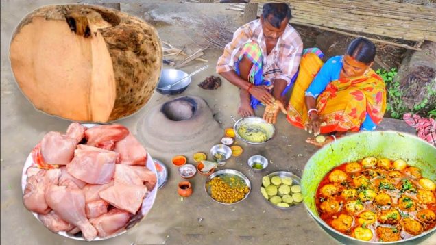 Elephant Yam and Chicken kofta curry cooking in traditional method by santali tribe couple