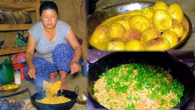 Cooking noodles with Egg on their style in village Nepal