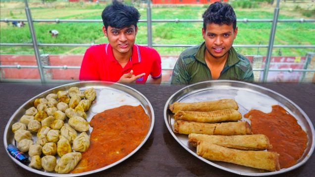 Street Chinese Momos Vs Veg Roll Eating Challenge | Man Vs Food | Street Food Challenge